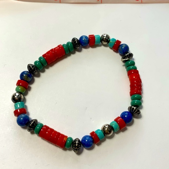 Gemstone bracelet. sterling silver. Stretch. Red coral turquoise lapis lazuli - Picture 3 of 4